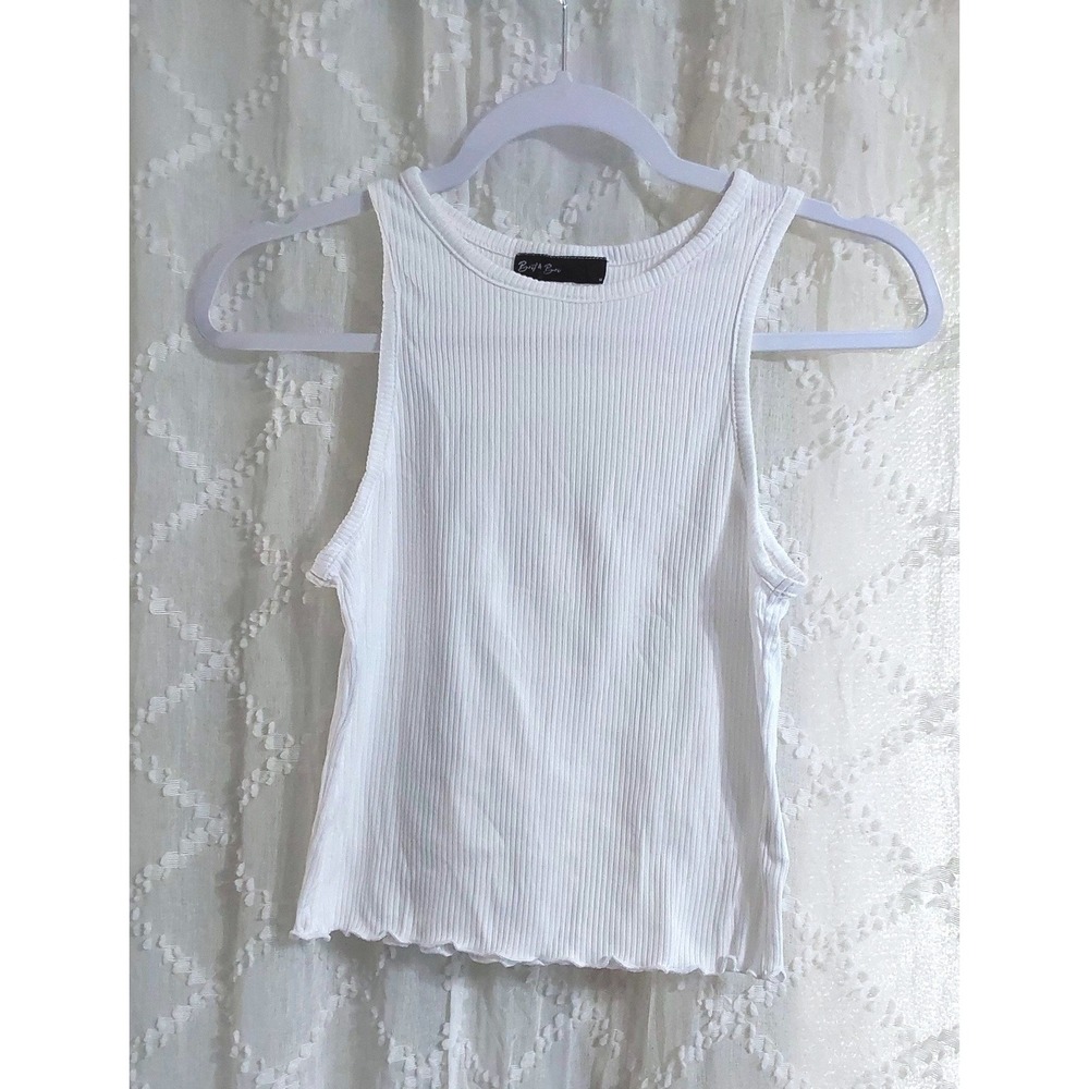 Brit & Bri‎ Womens White Ribbed High Neck Lettuce Trim Tank Top Size Medium